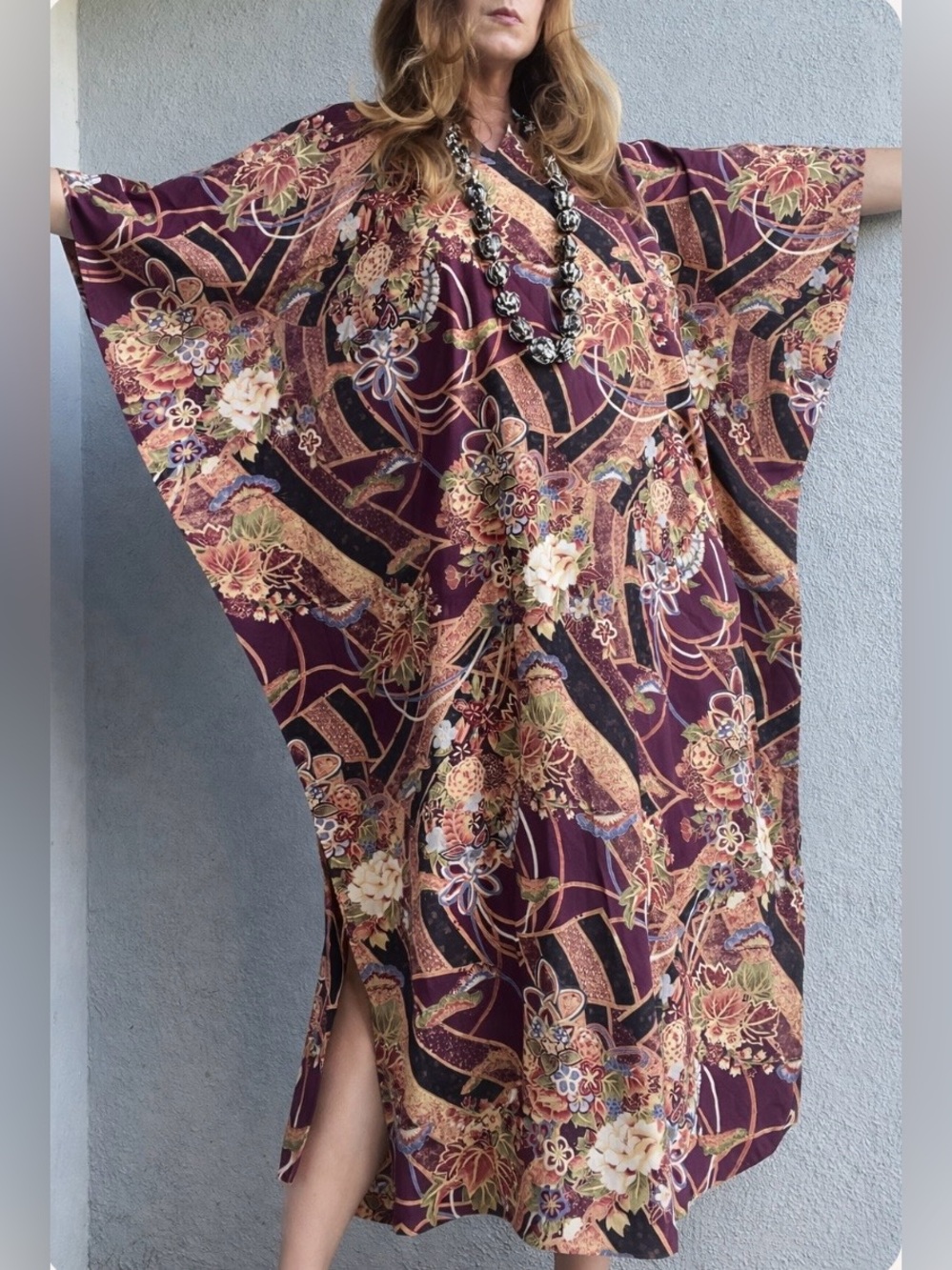 VTG Nani Creations Purple Floral Cotton Hawaiian Kimono Kaftan Maxi Dress OS
